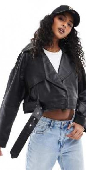 ASOS DESIGN leather oversized cropped trench coat in black