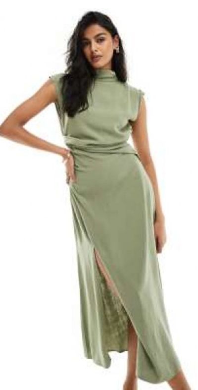 chinese dress ladies Rent Asos Design Ruched Bandeau Washed Satin Maxi Dress With Tie Detail In  Green