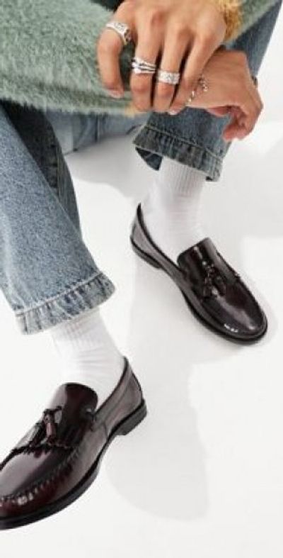ASOS DESIGN loafers with fringe detail in polished burgundy