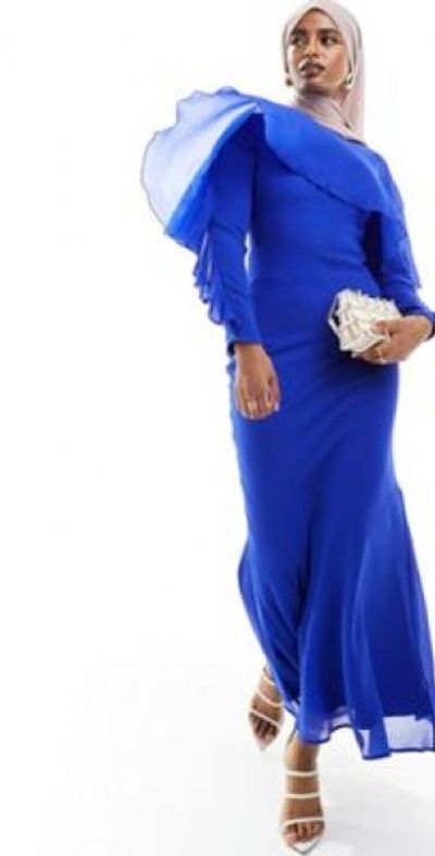 ASOS DESIGN - long sleeve ruffle bias maxi dress with cape detail in cobalt  blue