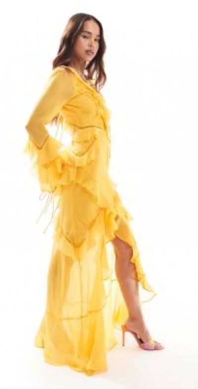 ASOS DESIGN long sleeve ruffle maxi dress with lace inserts in