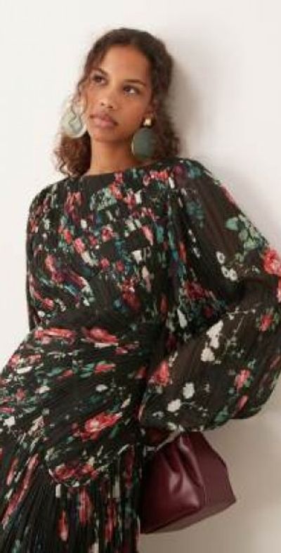 ASOS DESIGN - long sleeve shirred crinkle maxi dress with dropped waist in  khaki floral print-Multi