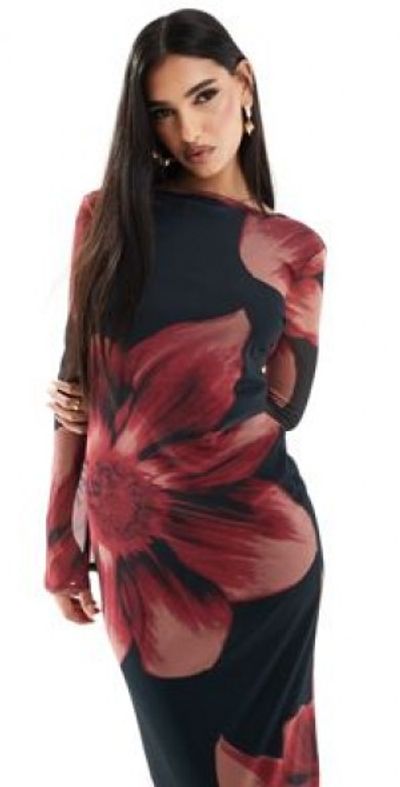 ASOS DESIGN low back floral mesh maxi dress with angel sleeves