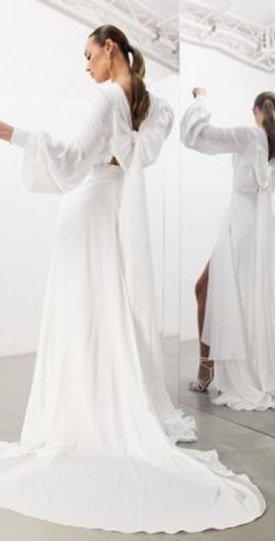 asos white silk dress ASOS DESIGN bardot draped satin maxi wedding dress in white