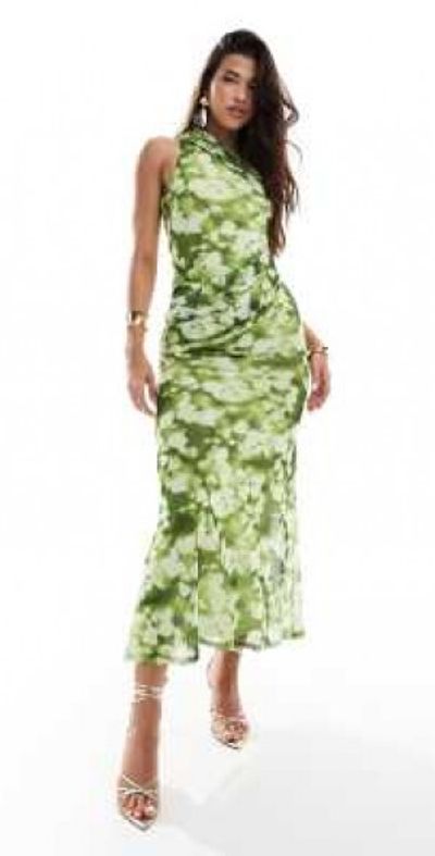 knee length dresses for ladies Asos Edition Floral Embroidered Organza Midi Dress In Steel Blue