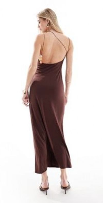 asos chocolate brown dress ASOS Design draped long sleeve maxi dress in chocolate-Brown main image 0