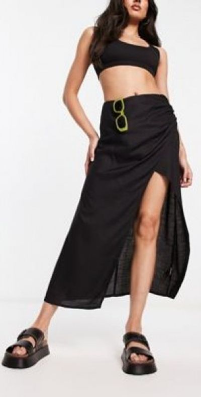 ASOS DESIGN natural slub ruched side midi skirt in black