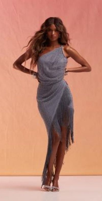 ASOS DESIGN - one shoulder hotfix midi dress with asymmetric fringe detail in slate blue-Gray ASOS DESIGN - one shoulder hotfix midi dress with asymmetric fringe detail in slate blue-Gray