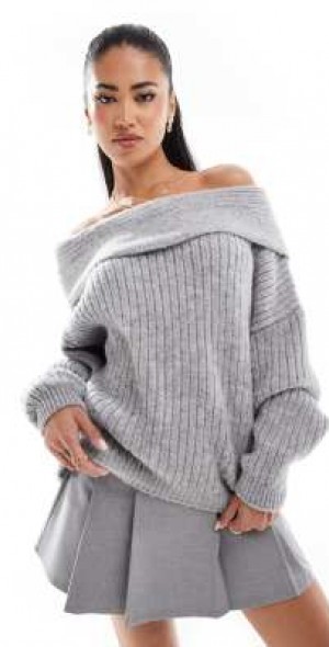 ASOS DESIGN - oversized knitted off shoulder sweater in gray