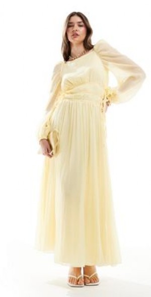 ASOS DESIGN - pleated drawstring bodice maxi dress in pastel yellow
