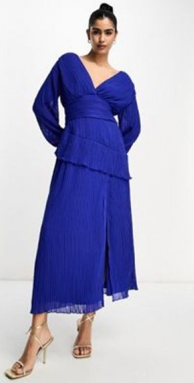knee length dresses for ladies Asos Edition Floral Embroidered Organza Midi Dress In Steel Blue