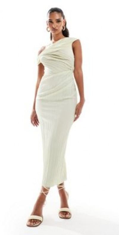 ASOS DESIGN - plisse twist fallen shoulder midi dress in cream-White