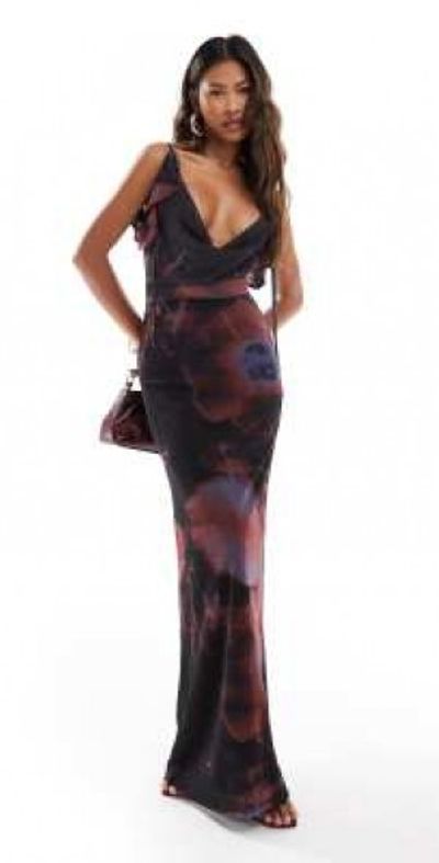 ASOS DESIGN - plunge cowl neck maxi with tie detail in printed mesh in  blurred floral-Multi