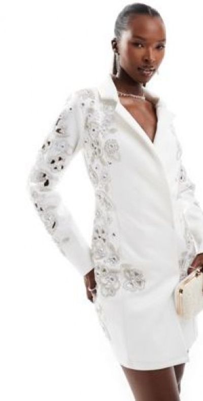 ASOS DESIGN plunge neck silver embellished sequin blazer mini