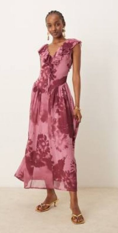 ASOS DESIGN - Raw edge ruffle tendril midi dress with angled skirt in  print-Multi
