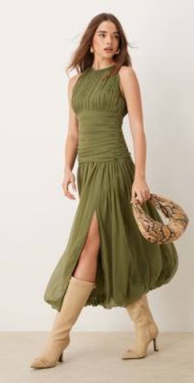 high neck drop waist midi dress Miss Circle Women's Natalie U Neck Halter Drop Waist Tweed Midi Dress
