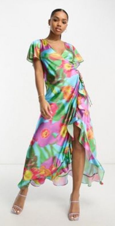 ASOS DESIGN ASOS DESIGN ruffle detail wrap satin maxi dress in large bold floral print-Multi