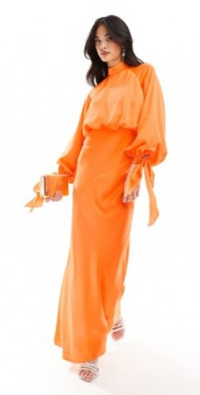 ASOS DESIGN - satin balloon sleeve high neck maxi dress in orange