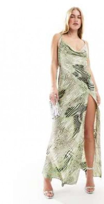 ASOS DESIGN - satin cowl neck bias maxi dress with buckle detail and cut  out in abstract leopard print-Multi