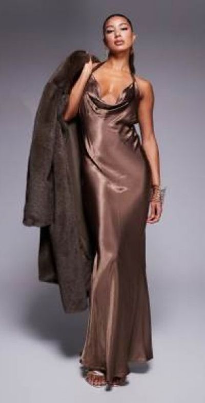 ASOS DESIGN - satin cowl neck plunge halter maxi in chocolate-Brown ASOS DESIGN - satin cowl neck plunge halter maxi in chocolate-Brown
