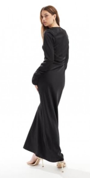ASOS DESIGN - satin long sleeve pleated front maxi dress in black