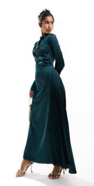green dress asos ASOS DESIGN Bare Shoulder Prom Scuba Midi Dress In Forest Green