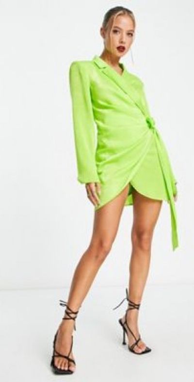 ASOS DESIGN satin wrap blazer mini dress in lime-Green
