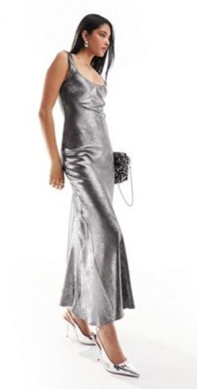 ASOS DESIGN - scoop neck midi satin slip dress in silver