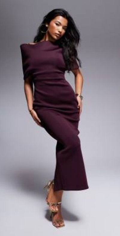 ASOS DESIGN - scuba deep bardot midi dress with cape back detail in plum-Purple ASOS DESIGN - scuba deep bardot midi dress with cape back detail in plum-Purple