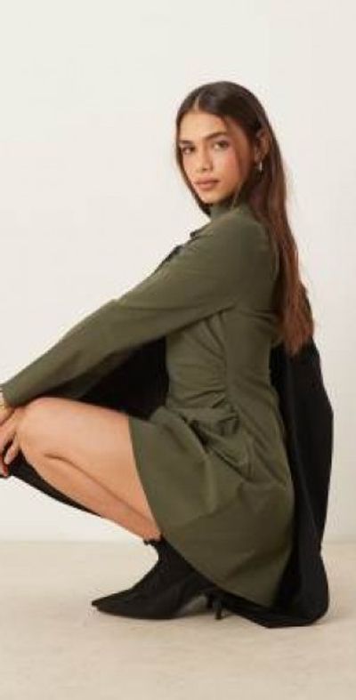 slim fit dress slacks ASOS DESIGN High Neck Pleated Chevron Dobby Midi Dress With Puff Sleeve In  Forest Green main image 0