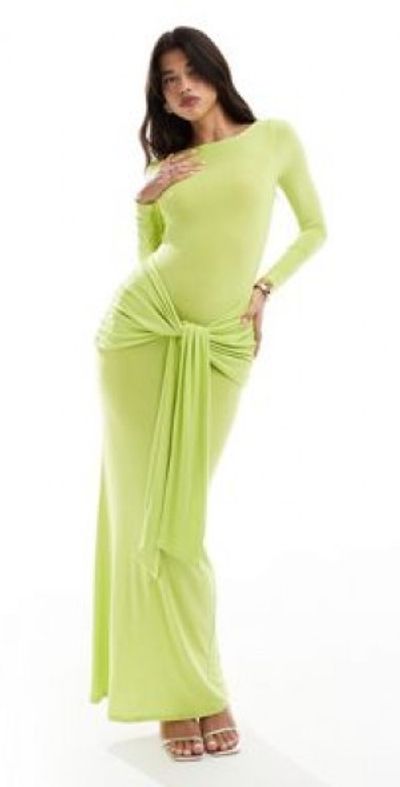 ASOS DESIGN - tie front exaggerated drape maxi dress in lime-Brown
