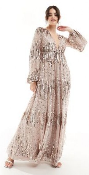 ASOS DESIGN - US Exclusive embellished scatter sequin plunge maxi dress  with balloon sleeve in light pink