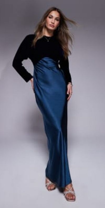 ASOS DESIGN - velvet satin mix long sleeve maxi dress in blue