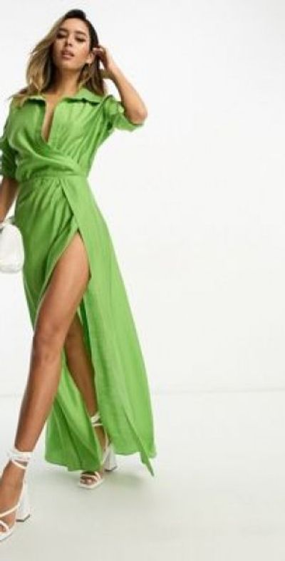 ASOS DESIGN - washed collar twist waist maxi dress with high slit in green ASOS DESIGN - washed collar twist waist maxi dress with high slit in green