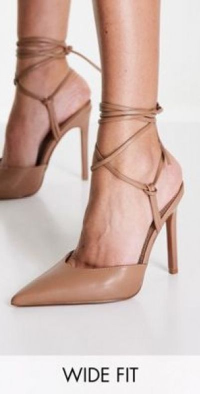 ASOS DESIGN Wide Fit Prize tie leg high heeled shoes in beige