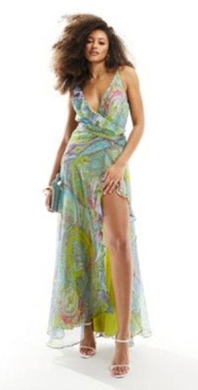 knee length dresses for ladies Asos Edition Sequin Wrap Midi Dress In Floral Print