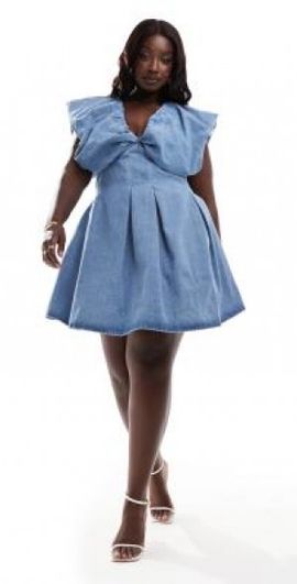 ASOS LUXE ASOS LUXE Curve denim bubble plunge mini dress in light wash blue