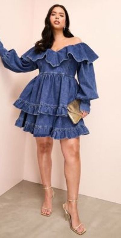 ASOS LUXE - Curve denim ruffle plunge tiered mini dress with diamante buttons in mid wash blue ASOS LUXE - Curve denim ruffle plunge tiered mini dress with diamante buttons in mid wash blue