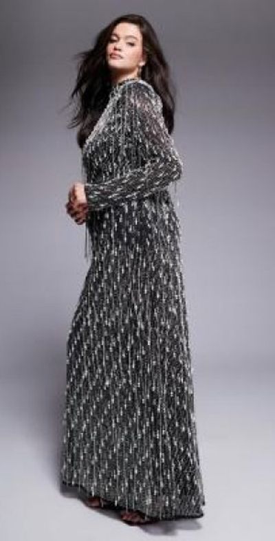 black and white dress costume Pearl-Embellished Square Neck Maxi Dress main image 0