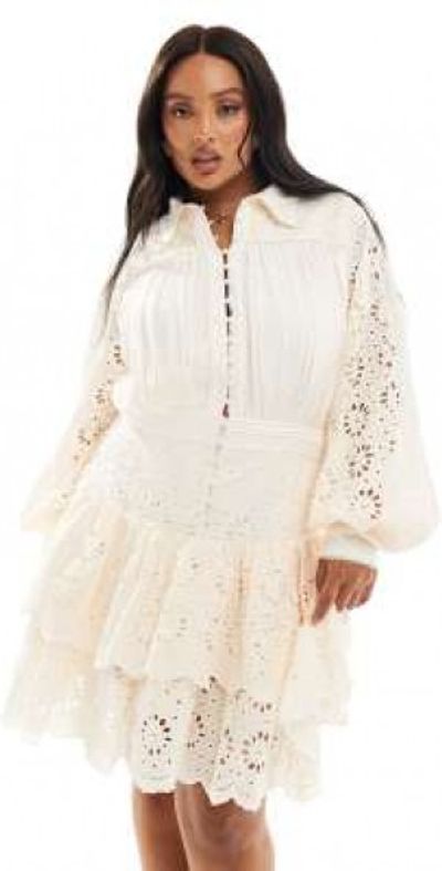 ASOS LUXE - Curve eyelet peplum mini shirt dress in cream-Neutral