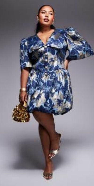 ASOS LUXE - Curve jacquard puff sleeve collared mini dress with embellished  buttons in blue and gold floral