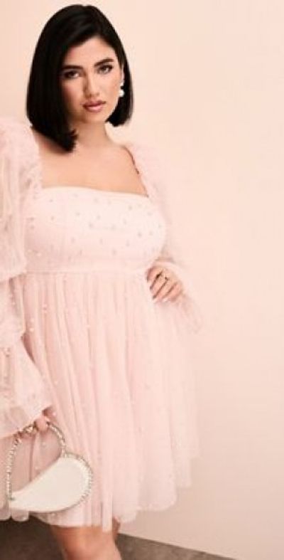 asos pink tulle dress Lace & Beads Plus - Tulle Plunge Neck Ruffle Trim Tiered Maxi Dress - Women - Polyester - 20 US