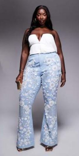 ASOS LUXE ASOS LUXE Curve white jewel embellished denim flared jeans in mid wash blue