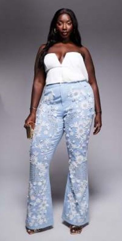 ASOS LUXE ASOS LUXE Curve white jewel embellished denim flared jeans in mid wash blue