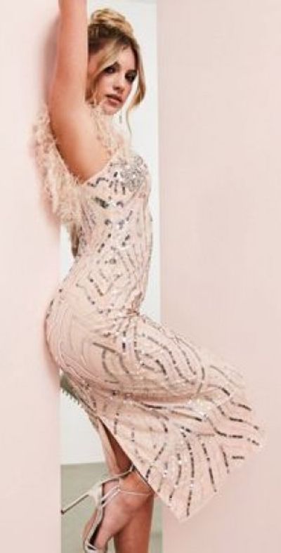 white christmas dresses Rent Asos Luxe Bandeau Embellished Mini Dress With Faux Feather Trim In Pink main image 0