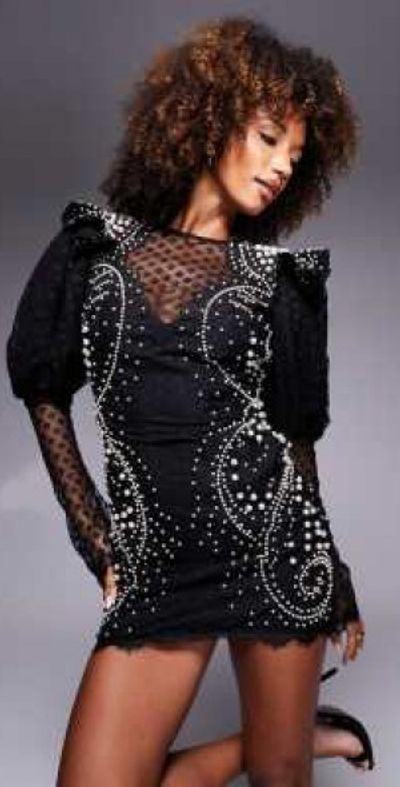 ASOS LUXE - pearl embellished lace puff sleeve mini dress in black
