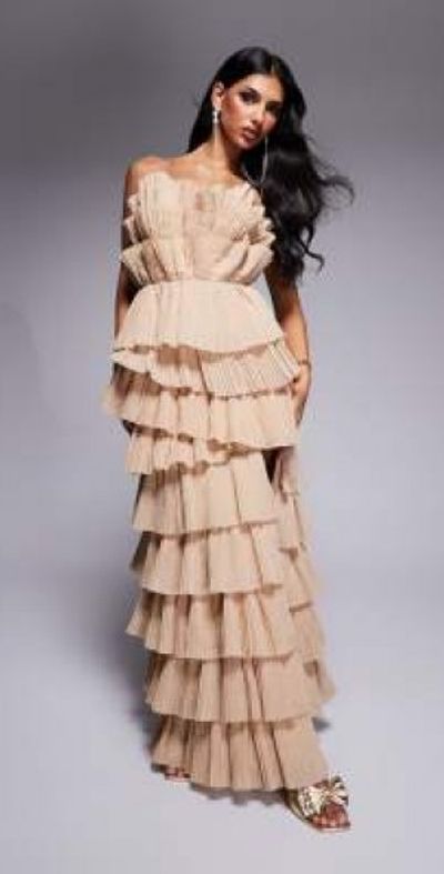 ASOS LUXE - pleated organza bandeau maxi dress with side split in stone- Brown