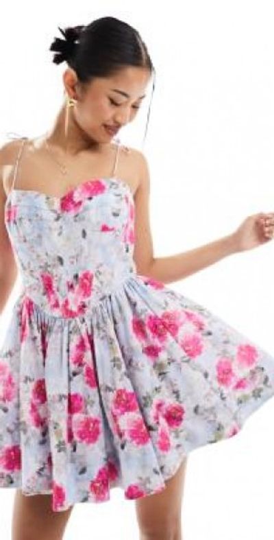 strapless open back dress Pink Floral Print Bardot Crop Top & Mini Skirt Co-ord Set | Co-ords
