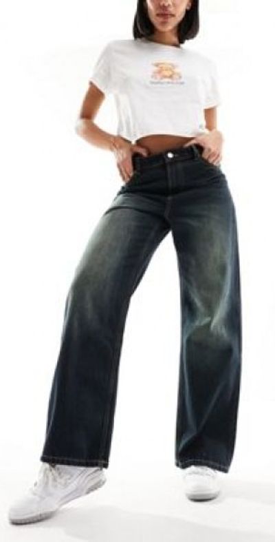 Bershka baggy wide leg jeans in dark indigo wash-Blue