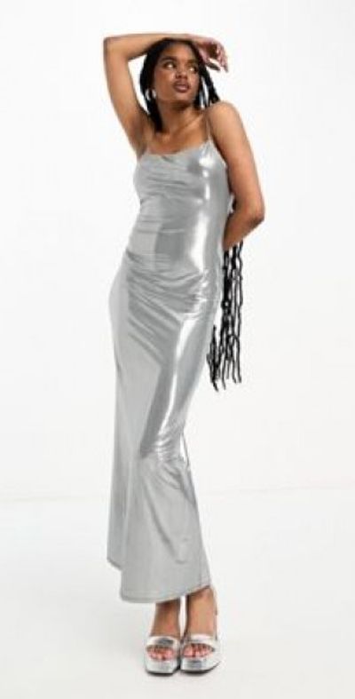 knee length dresses for ladies Dollytang Ares One-shoulder Asymmetric Metallic Maxi Dress – dollytang main image 0